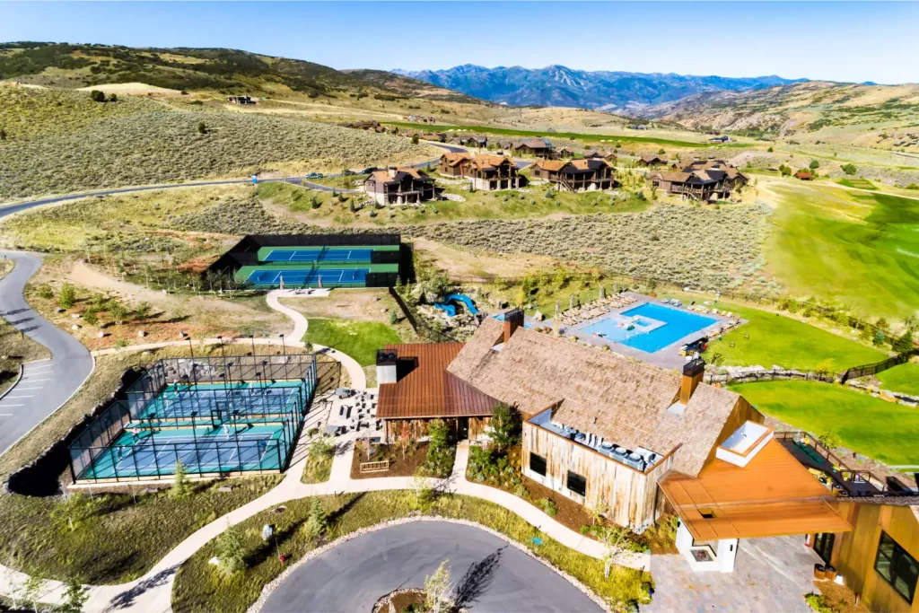 Aerial view of Victory Ranch Golf Club's clubhouse, pool and pickle ball courts